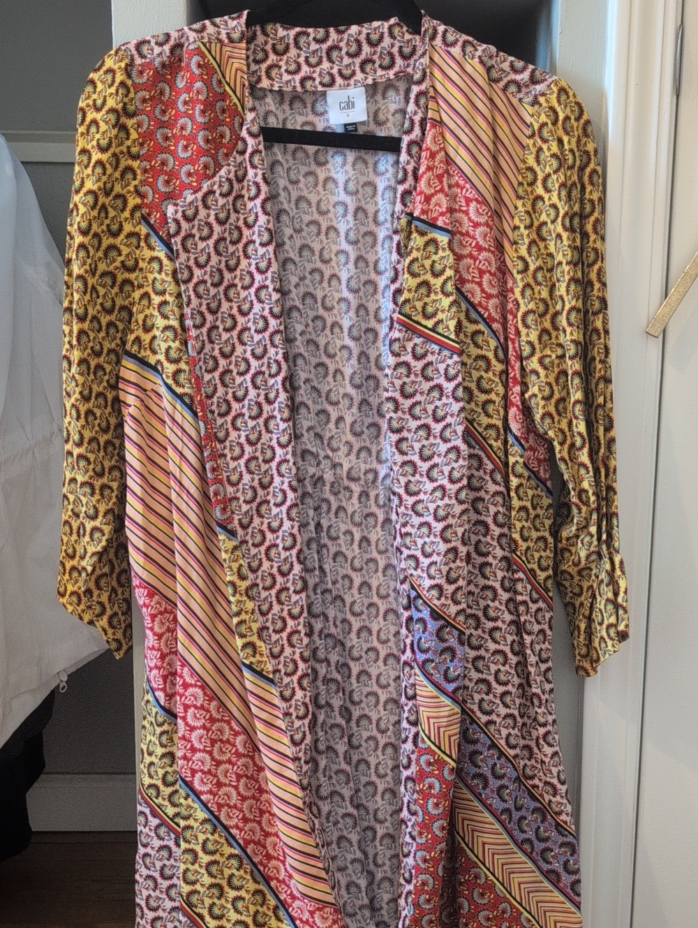 CAbi Mixed-Print Open Duster Jacket in Yellow, Red, Pink